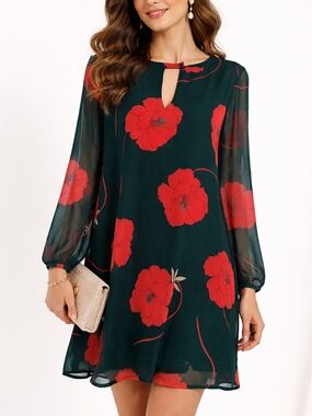Floral Print Mini Dress Long Sleeve A Line Chiffon Lined Teal Orange Size S NEW